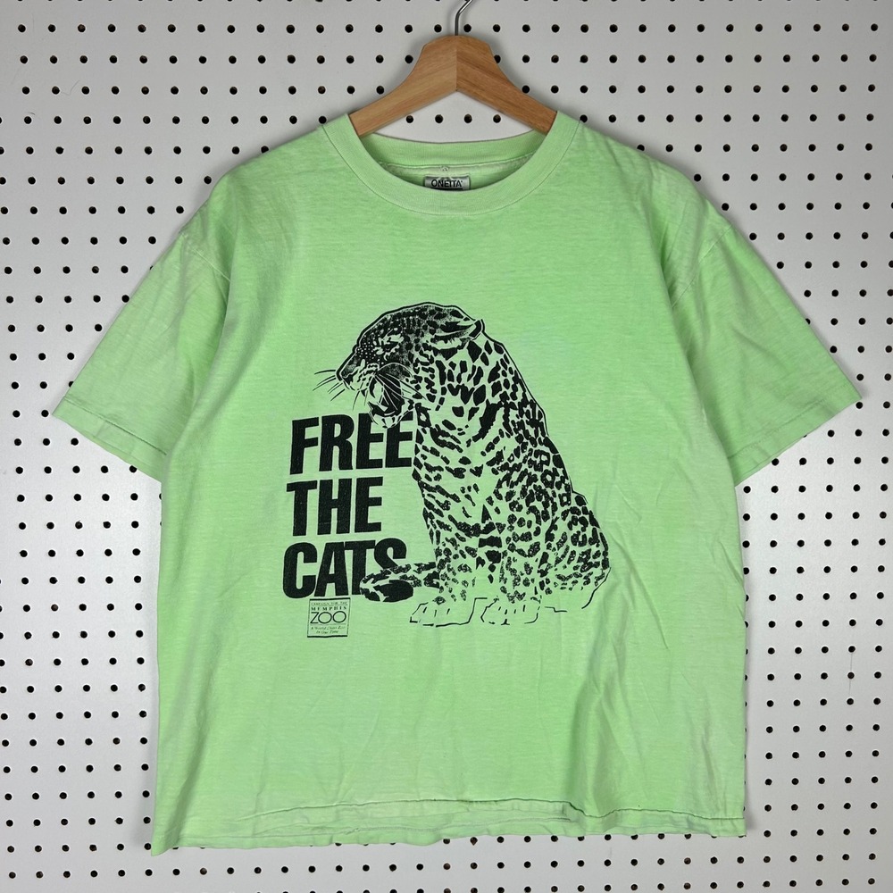 Memphis Zoo Free The Cats Graphic T-Shirt XL Green USA Vintage Oneita Power-T